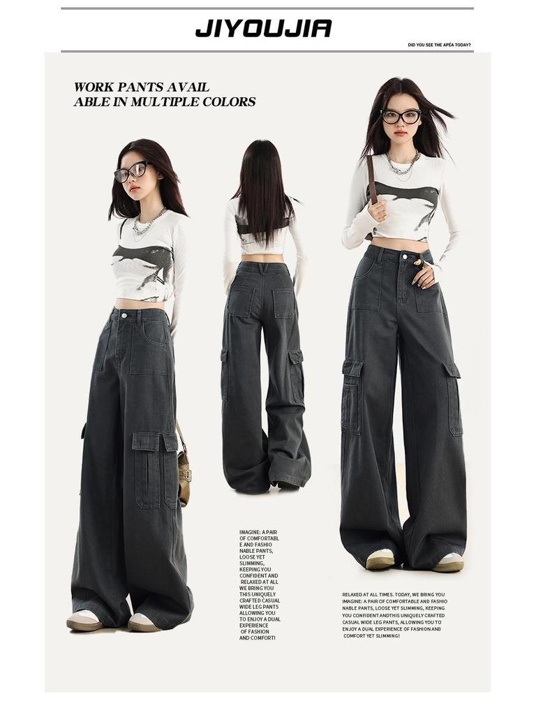 Women's High-Waist Fleece-Lined Wide-Leg Jeans, Retro Workwear Style for Autumn/Winter 2024