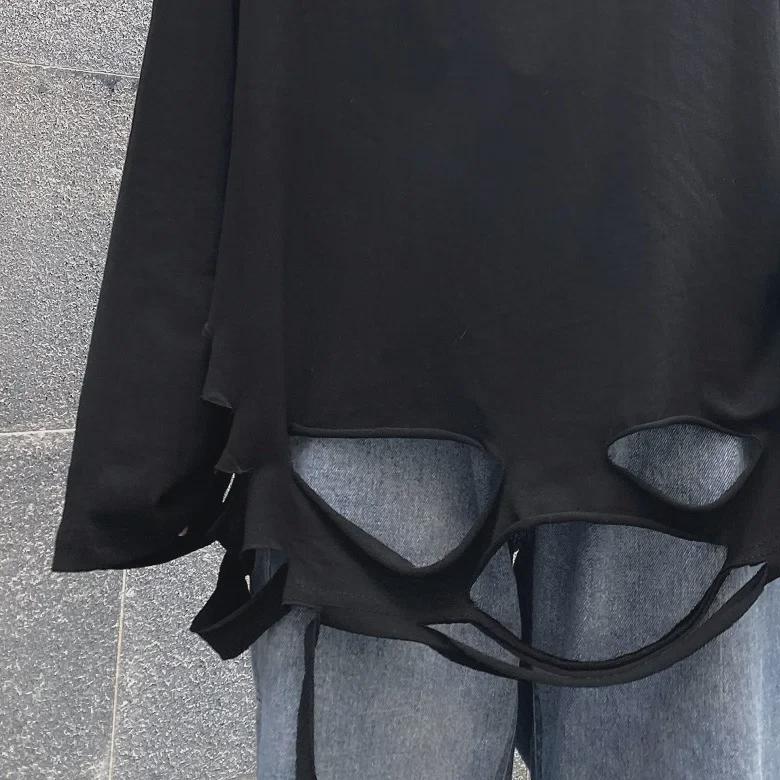 Unisex Loose Fit Long Sleeve T-Shirt with Distressed Hem and Solid Color