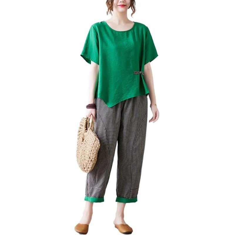 Sets Women Casual T Shirt Ankle Length Pants Summer Vintage Style Loose Pant Suits