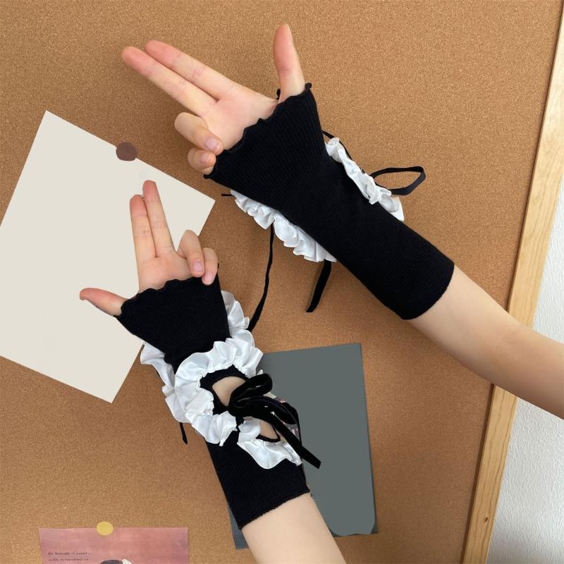 Lolitas Crinkled Hollow Out Gloves Satins Lace Ribbon Adjustable Wrist Sleeves For Women Party Fashion Accessories