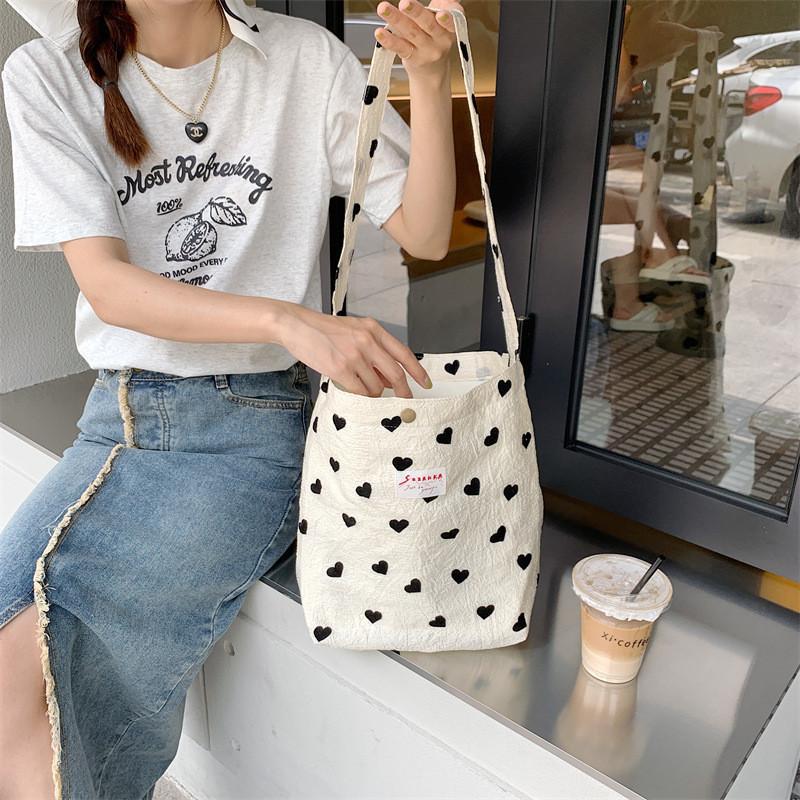 Trendy Canvas Heart Tote Bag Stylish Street Style Shoulder Bag With Large Capacity For Everyday Use