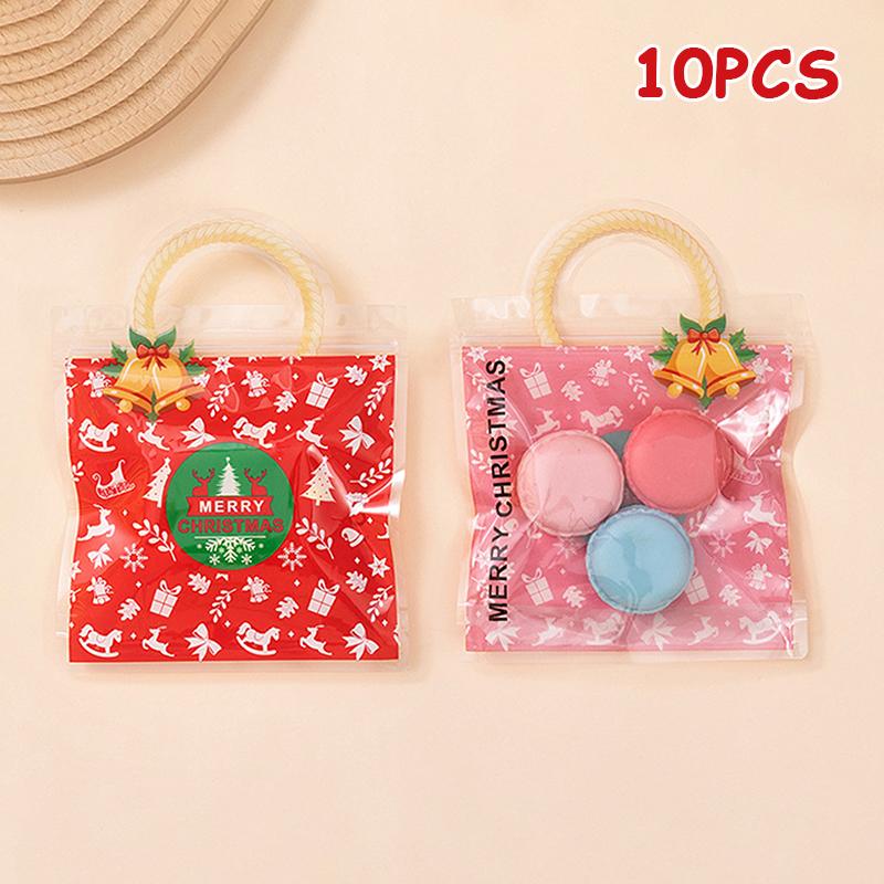 10 Pcs Christmas Candy Bag Biscuit Plastic Handbag Cartoon Elk Snow Man Pattern Christmas Party Packaging Bag Xmas Supplies