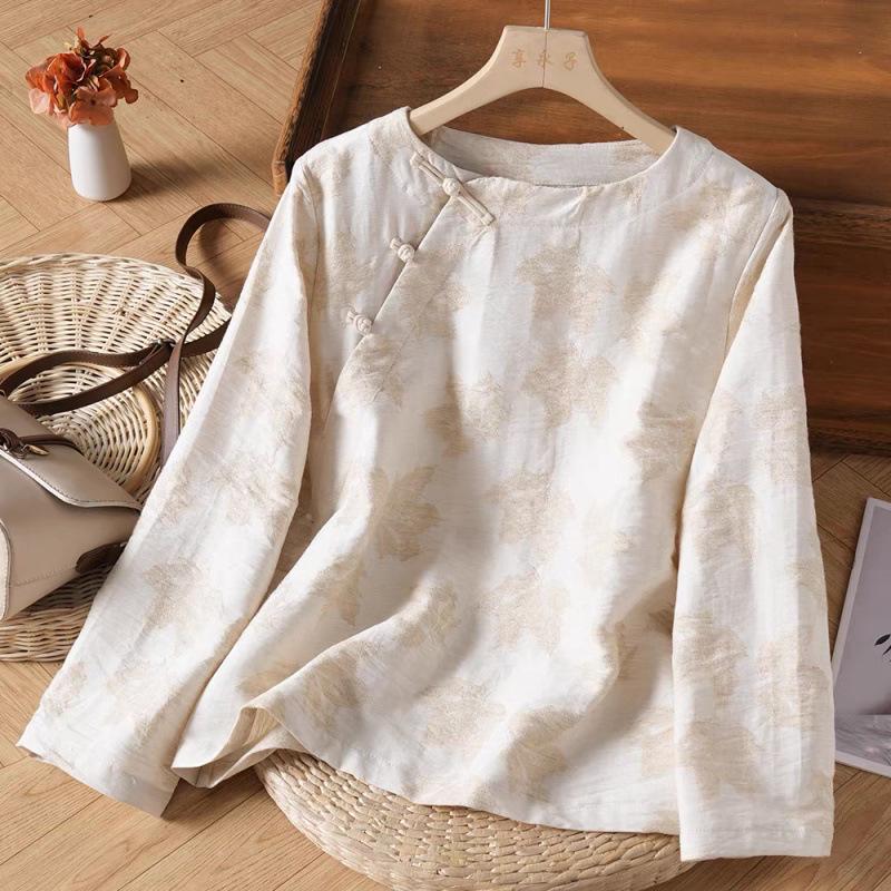 New Women s Retro Style Cotton Linen Long Sleeve Top for Tea Ceremonies - Spring 2025 Jacquard Design. M
