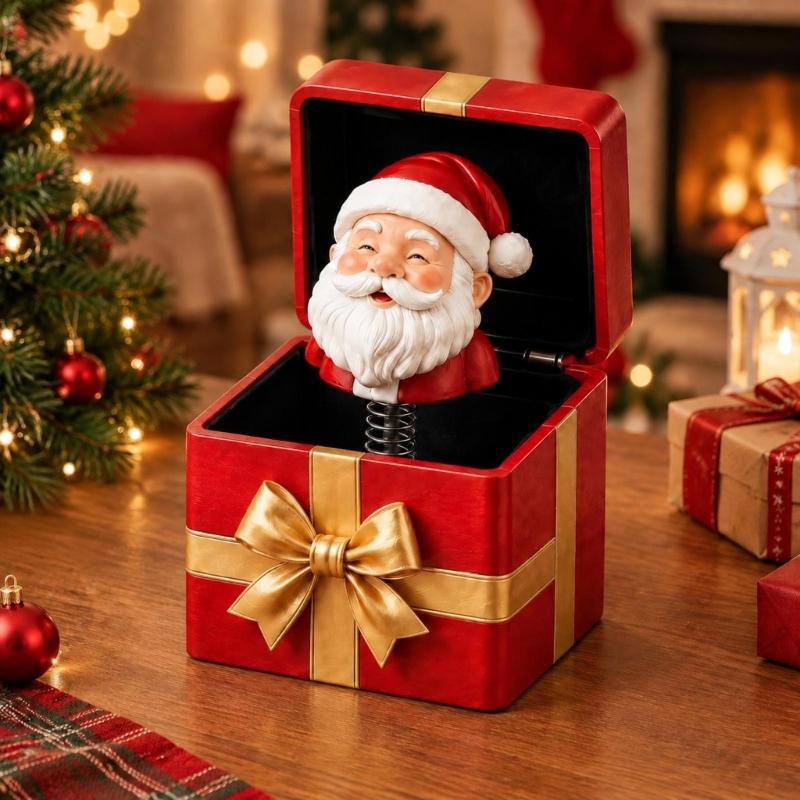 Hinged Christmas Gift Box Toy with a Spring-Mounted Figure That Rises As the Lid Opens for Holiday Gift Giving