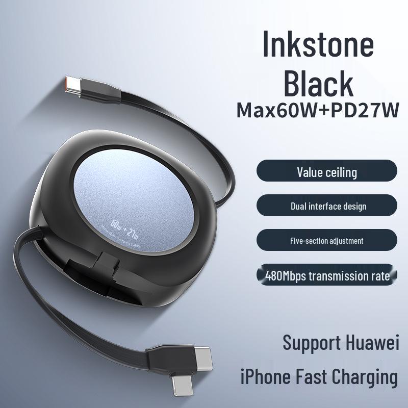 

Минималистичный выдвижной кабель 60 Вт для быстрой зарядки C для Apple и Huawei Retractable Two-in-One [Black] Bare Cable