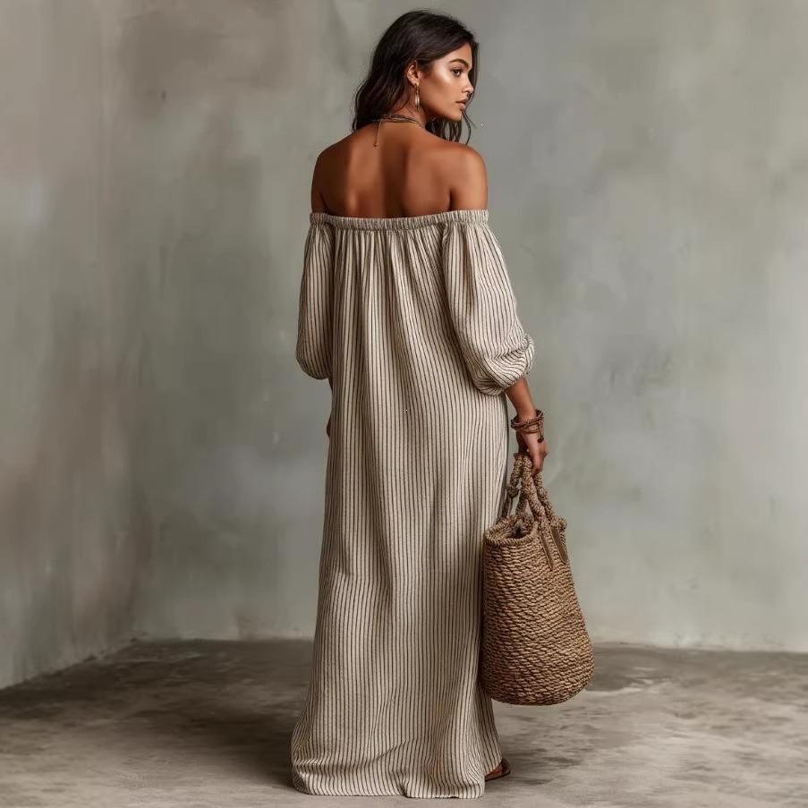 Vestido de verano europeo y americano nuevo, elegante, casual, suelto, con cuello de una palabra, a rayas