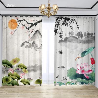 Chinese Classical Ink Painting Printed Curtain Semi-blackout Bedroom Living Room Floor-to-ceiling Window Kitchen Blinds 2pcs