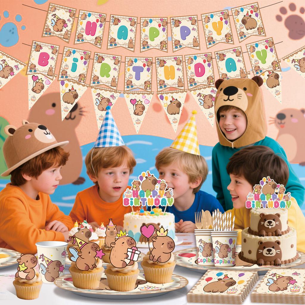 New Kapibara Theme Boy Party Disposable Paper Plate Paper Cup Paper Towel Tablecloth Flag Set Decoration