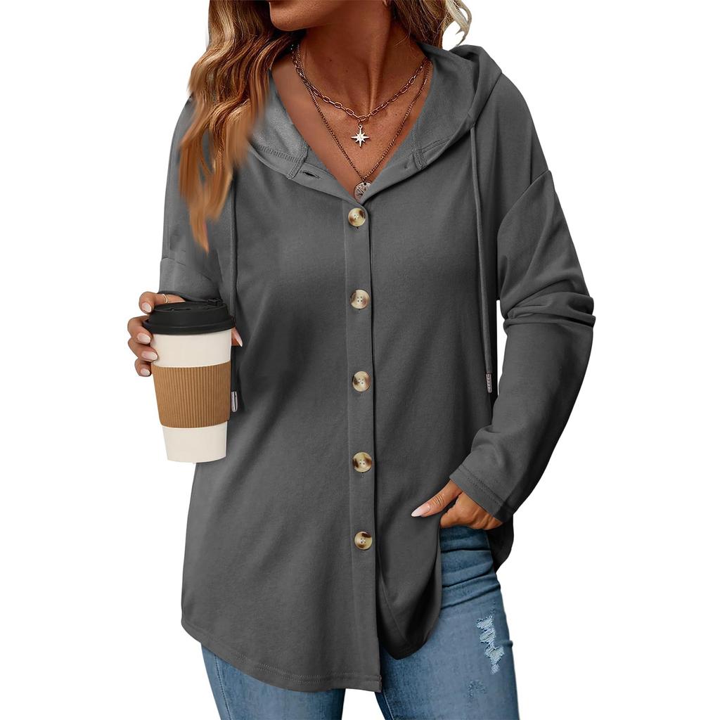 Women's Fashion Casual Raglan Long-Sleeve Drawstring Coat, Vintage Buttoned Hooded Coat
