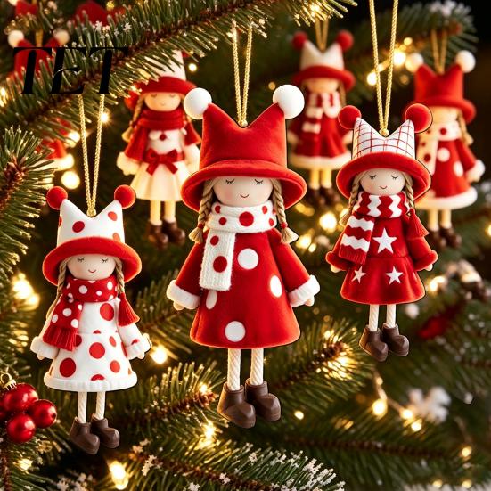 Indoor Hanging Decor Red And White Doll Pendants for Christmas Tree, Decorative Wooden Girls Holiday Symbols Ornament, Seasonal Tree Ornaments