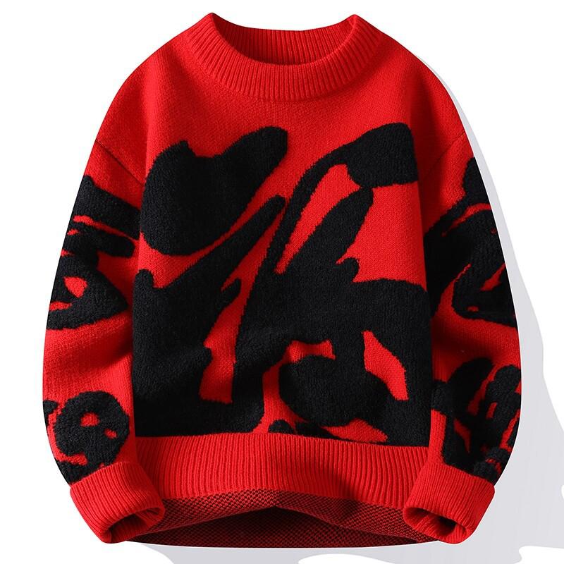 

Festive Thick Fu Character Round Neck Sweater L червоний