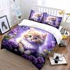 Blue-Eyed Cat Among Purple Roses Duvet Cover Set With 3D Printing Design Soft Polyester Bedding Set All-Season Comfort