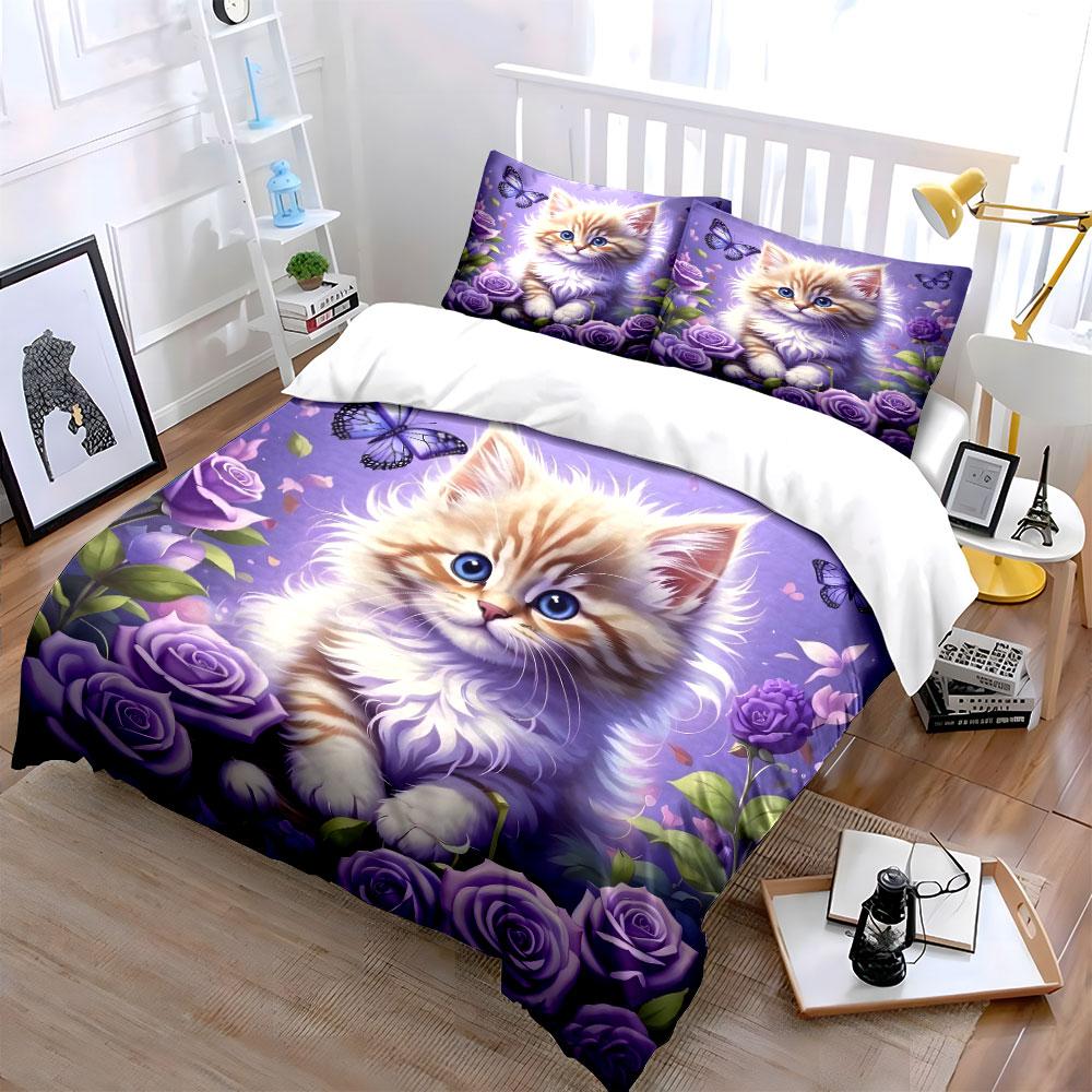 Blue-Eyed Cat Among Purple Roses Duvet Cover Set With 3D Printing Design Soft Polyester Bedding Set All-Season Comfort