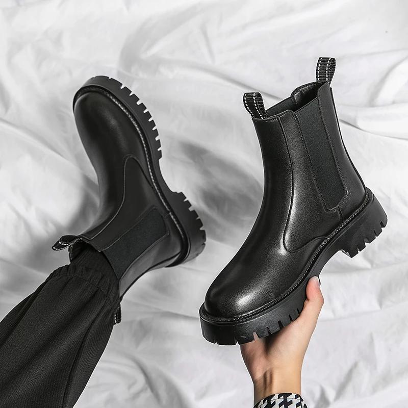 Modne Zimowe Ciepłe Grube Podeszwy Antypoślizgowe Skórzane Męskie Botki Trendy Wsuwane Botki do Kostki Ręcznie Robione Luksusowa Marka Męskie buty