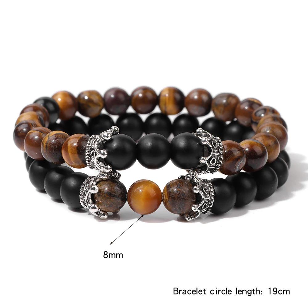 2Pcs/Set Natural Map Stone Beads Bracelet Fine Crown Charm Bracelets Balance Quartz Elastic Wrist Jewelry for Men Women 8mm