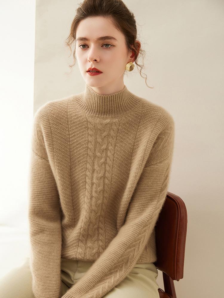 Women's Soft Cashmere Cable Knitwear - Semi-High Neck, Thickened for Autumn/Winter, Can Be Worn Alone or as a Commuting Base Layer