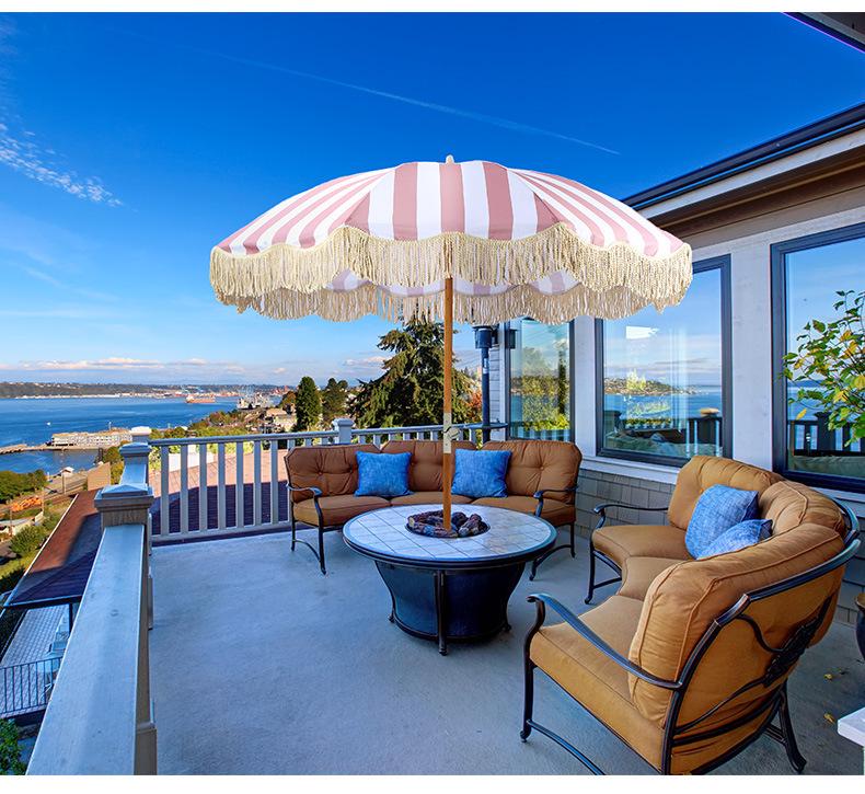 European Style Rotatable Patio Umbrella with Tassel Edge - Wooden Pole and Sunshade for Garden, Beach, Pool, and Terrace