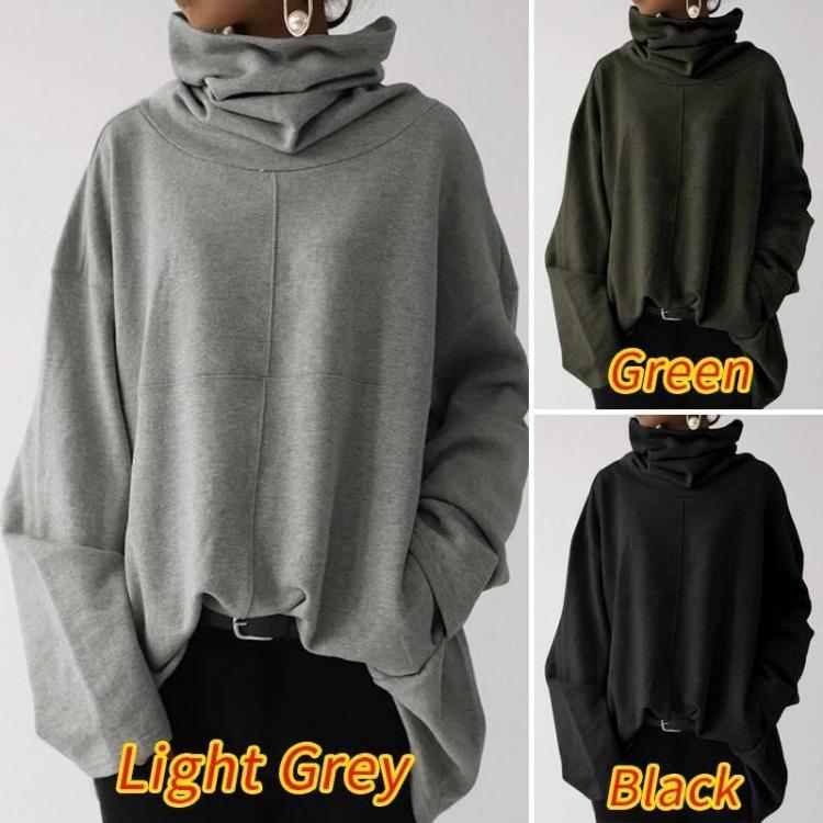 Casual Women's Loose Solid Color Warm Long Sleeve Sweatshirt with High Collar Autumn Winter Clothes Size S-5XL Pocket
