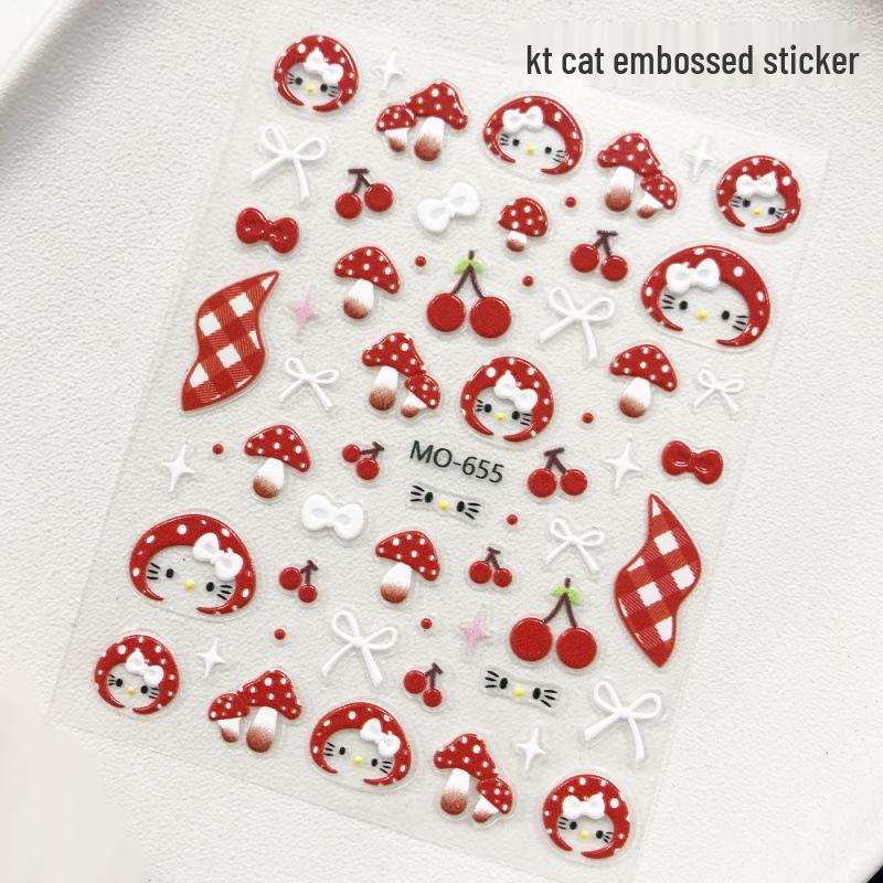 3D Cute Cartoon Kitty Cat Nail Stickers with Hats, Bows, Leopard Print, and Red Mushroom Design