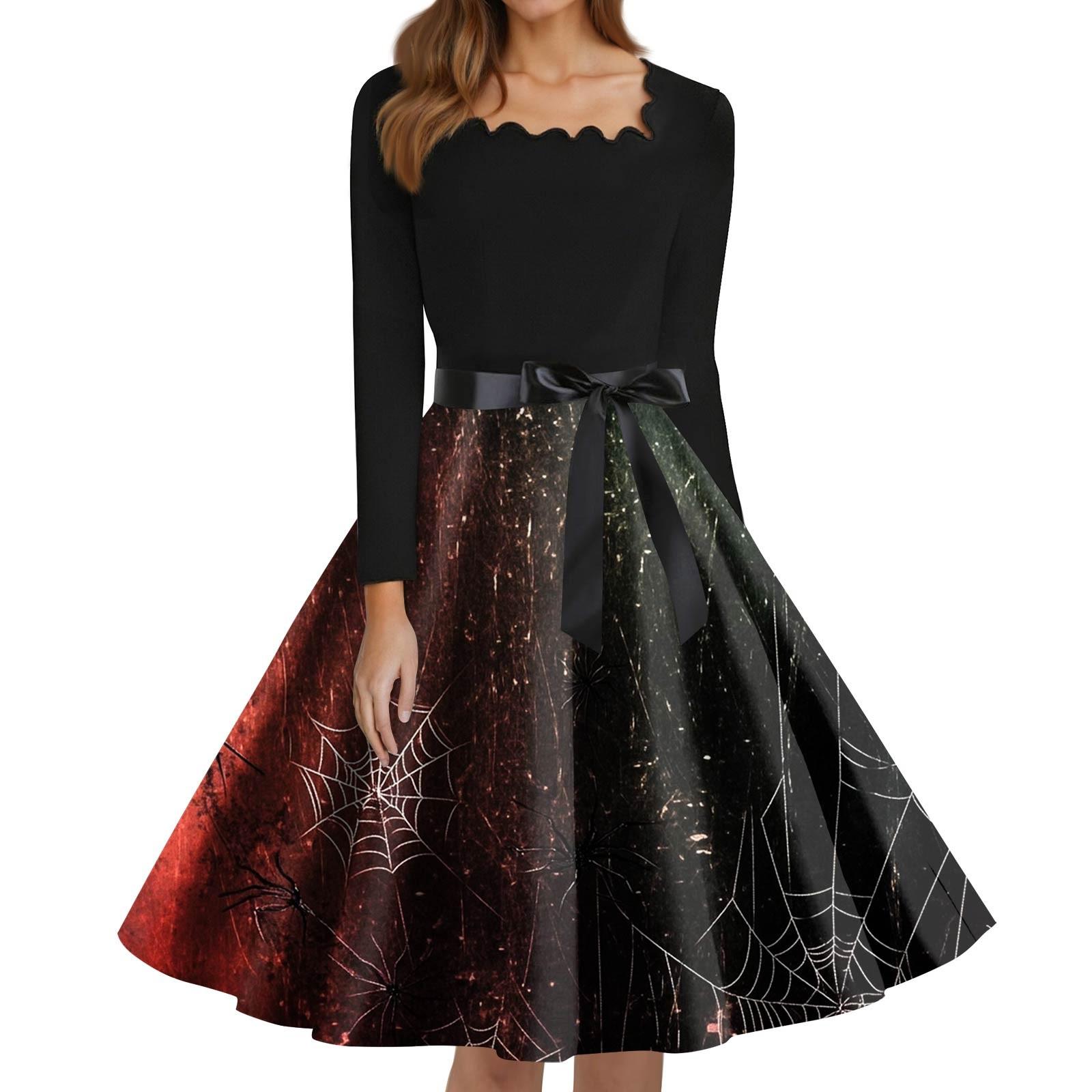 

Women s Fashion Square Neck Casual Slim Halloween Printed Long Sleeve Dresses XXL