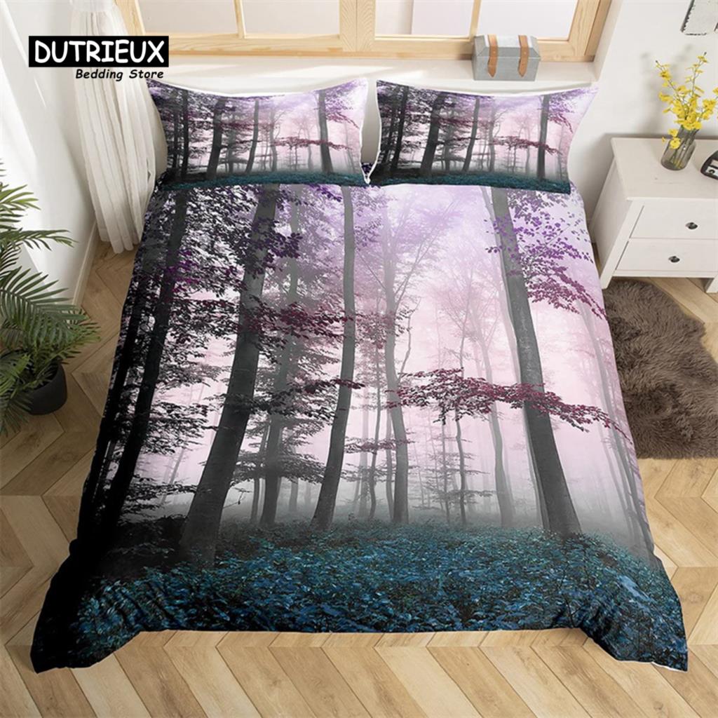 Dense Birch Trees with Red Leaves Duvet Cover Tree Lush King Bedding Set Polyester Jungle Nature Botanical Print Comforter Cover