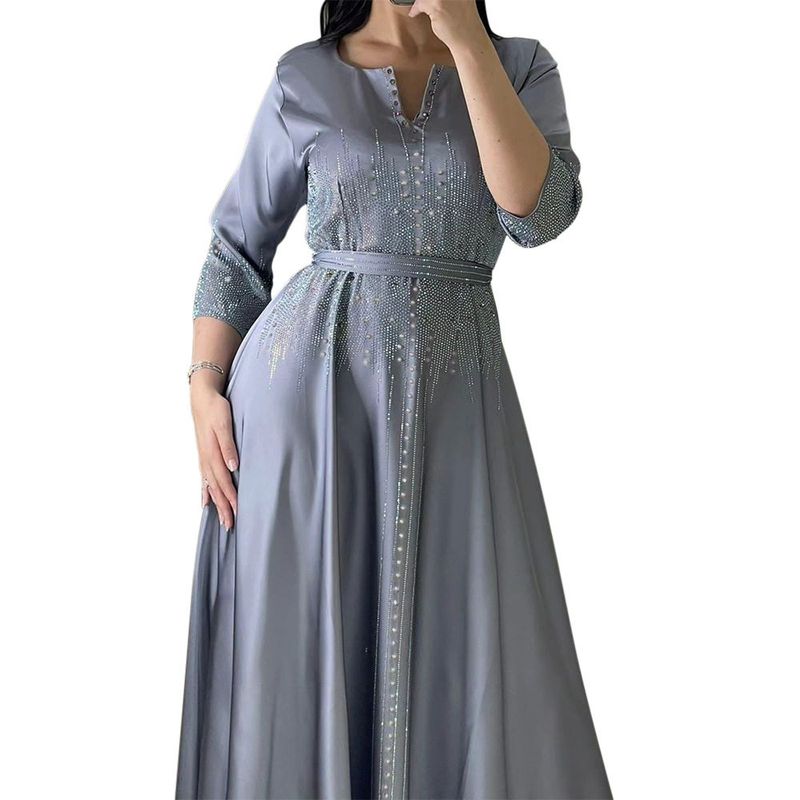 Plus Size Long Dress Cross-Border Middle Eastern Satin Dress with Rhinestones, Evening Gown Gray M