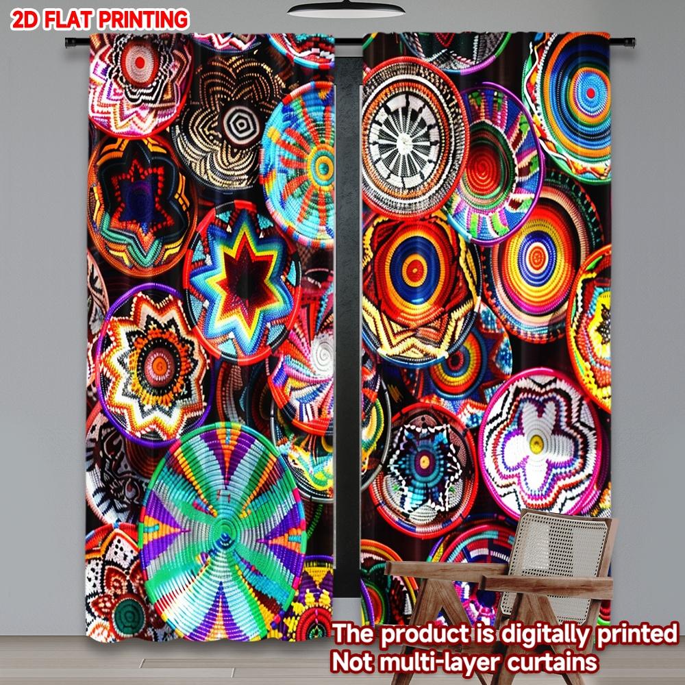 2D flat printing 2pcs Party Curtains Colorful Woven Circles Digital Printed Polyester Drapes All Season Party & Holiday Decor