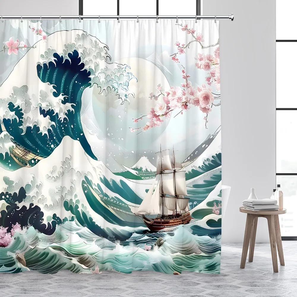 Japanese Style Ink Landscape Shower Curtain Sea Waves Crane Koi Fish Mountain Waterfall Plant Floral Bathroom Curtains Decor Set