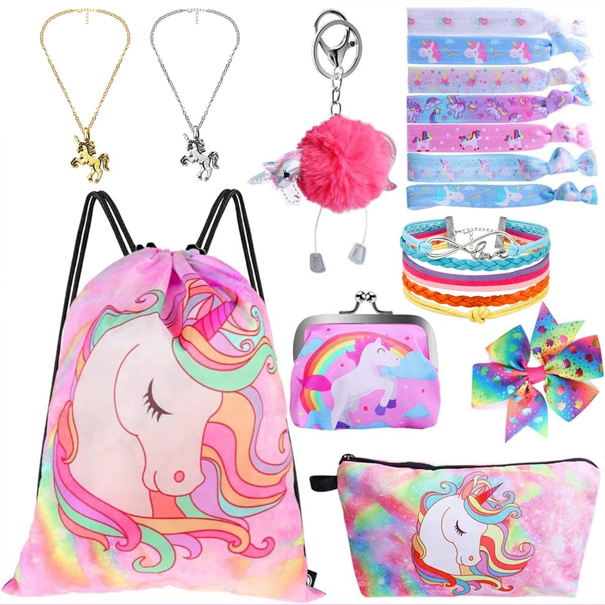 

Standie 9PCS Drawstring Backpack для Unicorn Gift для девочек включает в себя косметичку, браслет, ожерелье, набор резинок для волос для Unicorn Party Favors (9шт)
