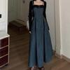 Spring & Autumn Color Block Denim Strappy Slim-Fit Long Dress