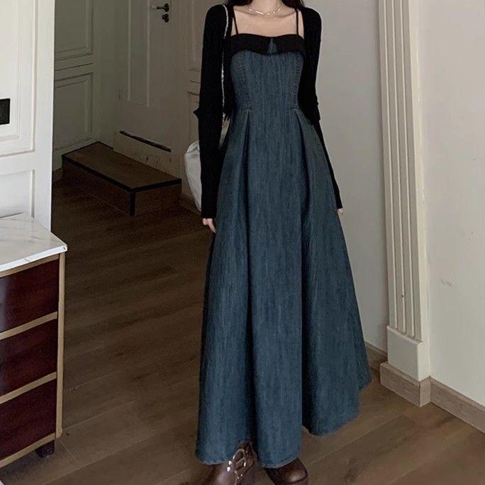 Spring & Autumn Color Block Denim Strappy Slim-Fit Long Dress