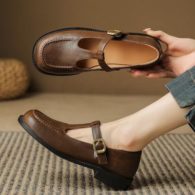 Fashion Comfortable Women's Flats Loafer Shoes Genuine Leather Lolitas Big Size 45 Casual T-straps Black Brown Oxfords Shoes For Girls