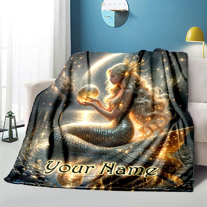1PC Custom Name Mermaid's Moonlit Dream flannel blanket versatile,all-season throw suitable for the living room,bedroom,camping,travel,and gift