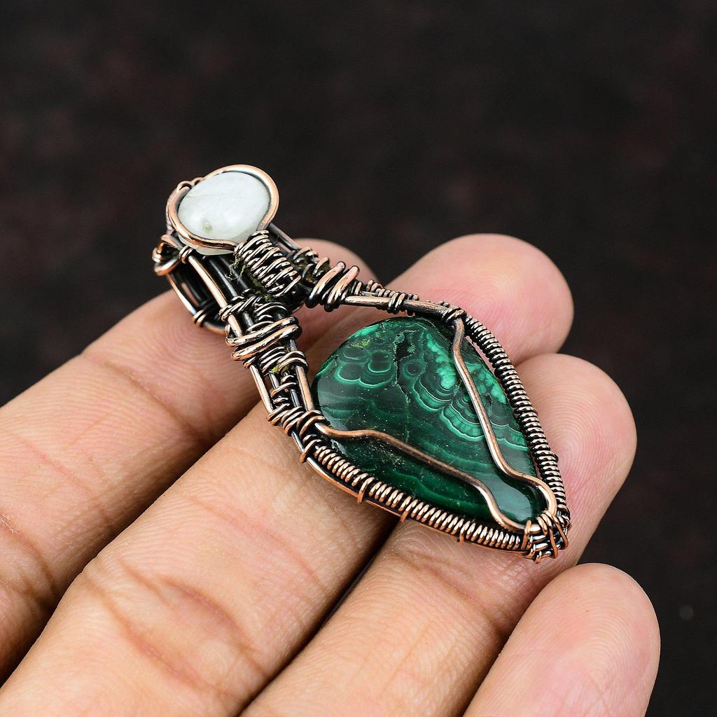 Malachite Copper Pendant Copper Wire Wrapped Pendant Gemstone Pendant Copper Jewelry Rainbow Moonstone Jewelry Gift For Him Designer Pendant