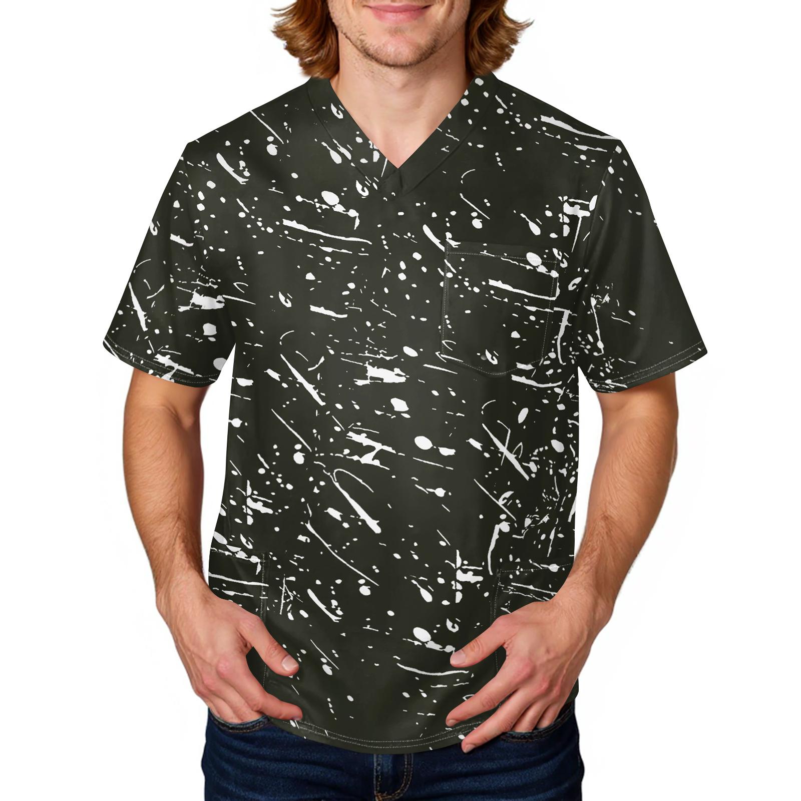 

Men s Casual, Personalized Ink Wash Print Shirt - Men s V-neck, Large Pocket, Protective Work Uniform, Short Sleeve L чёрный