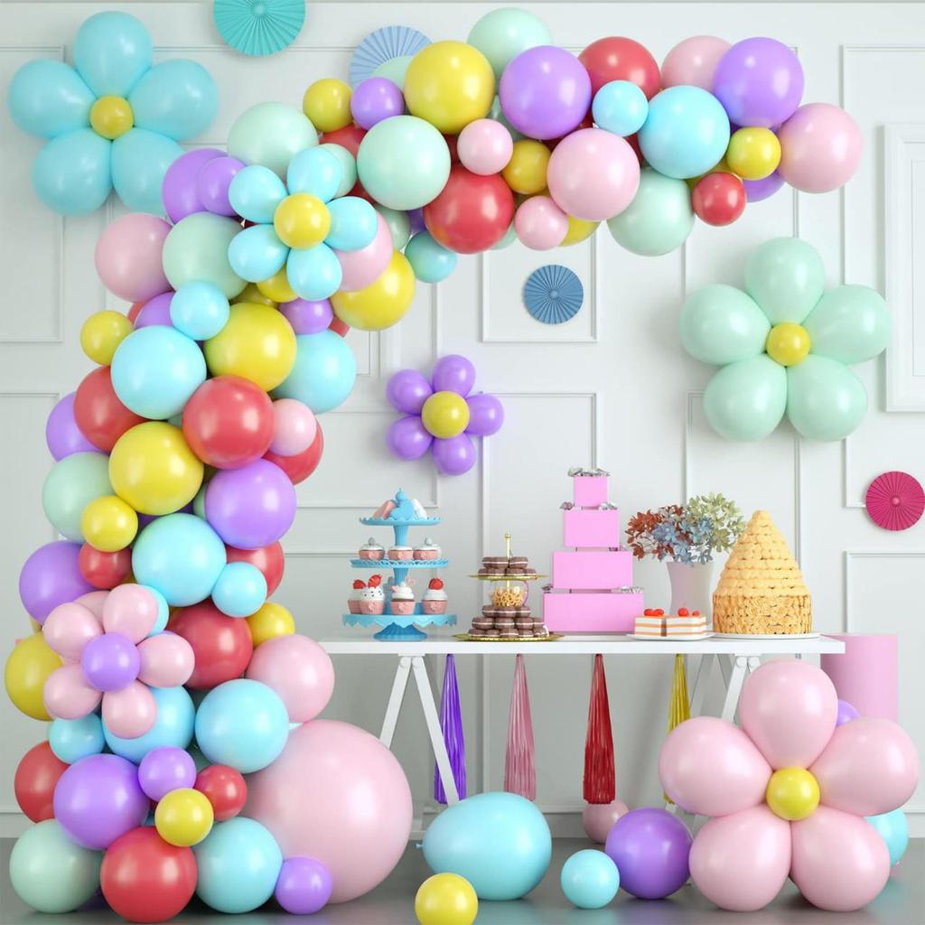 Colorful Macaron Daisy Wedding Dessert Table Decoration Set with Balloon and Flower Garland