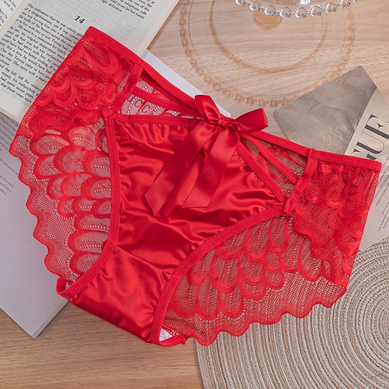 French High-Slit Satin Lace Bow Panties - Sexy, Breathable, Lightweight, Low-Waist Triangle Design