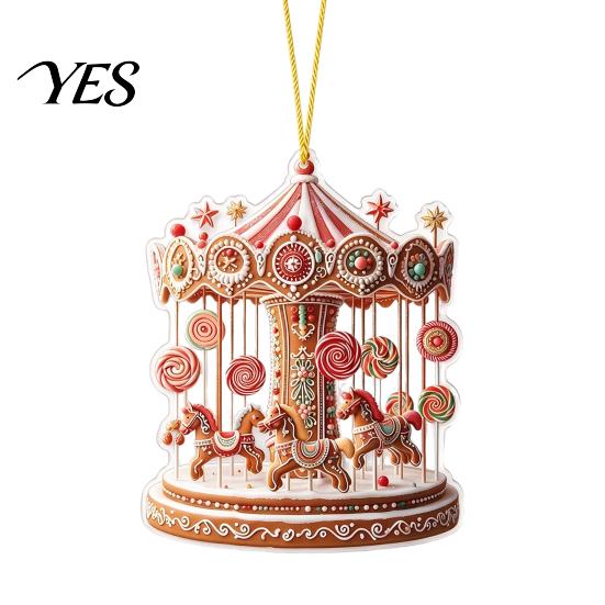 Gingerbread Theme Xmas Tree Decor Christmas Carousel Ornament, 2D Flat Car Rearview Mirror Charm, Acrylic Durable Hanging Keepsake Decoration for Car,