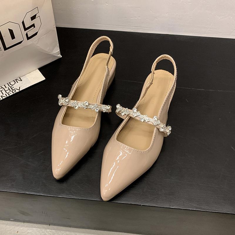 One word with rhinestone sandals women's summer new bag head half drag flat shoes pointed single shoes women's outer wear
