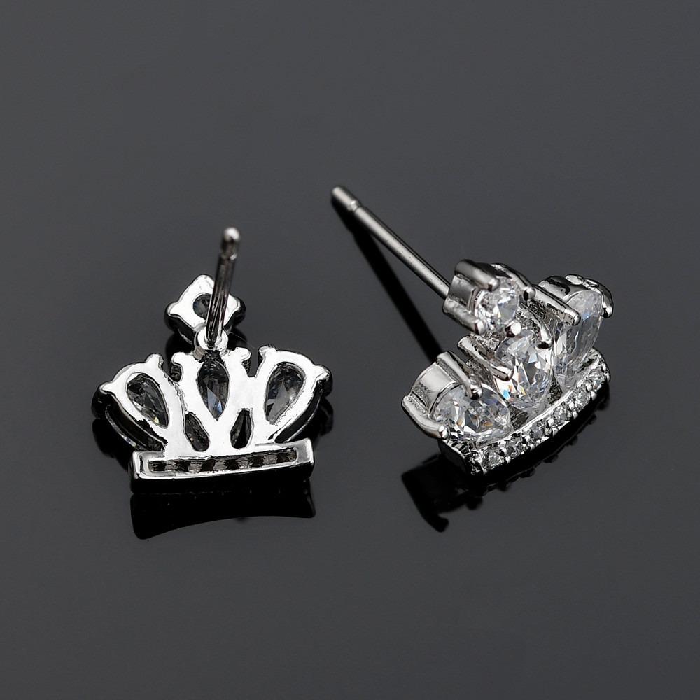 Elegant Cubic Zirconia Crown Stud Earrings - Gold-Plated Copper, Luxurious Shine for Women