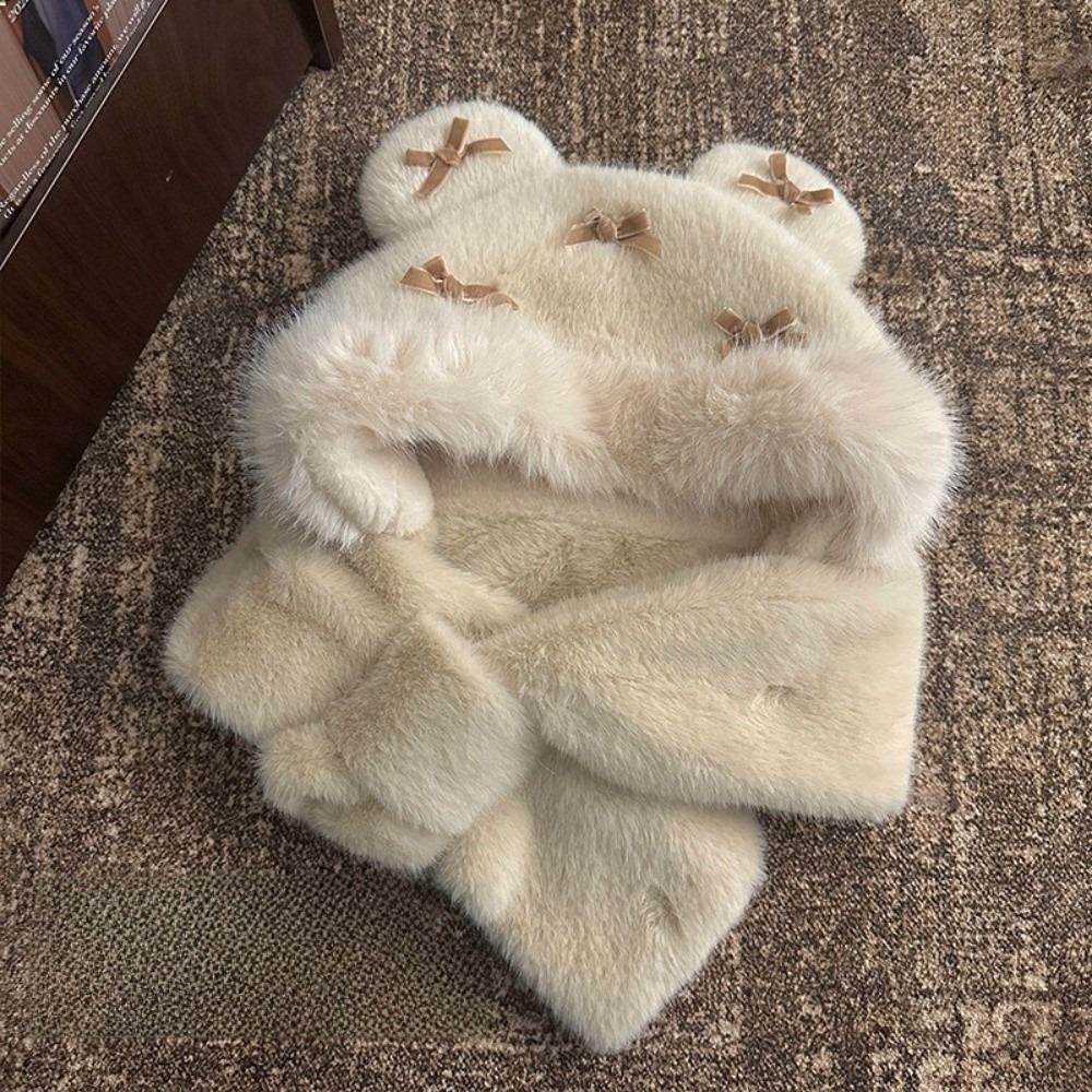 

Ear Protection Bow Ear Protection Hat Fluffy Beanies Cap Personality Lei Feng Cap Female/Girls бежевий