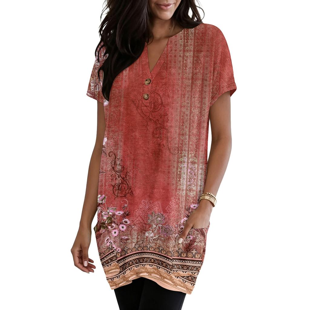 Women's V-Neck Vintage Floral Print Short Sleeve Pullover Top with Pocket