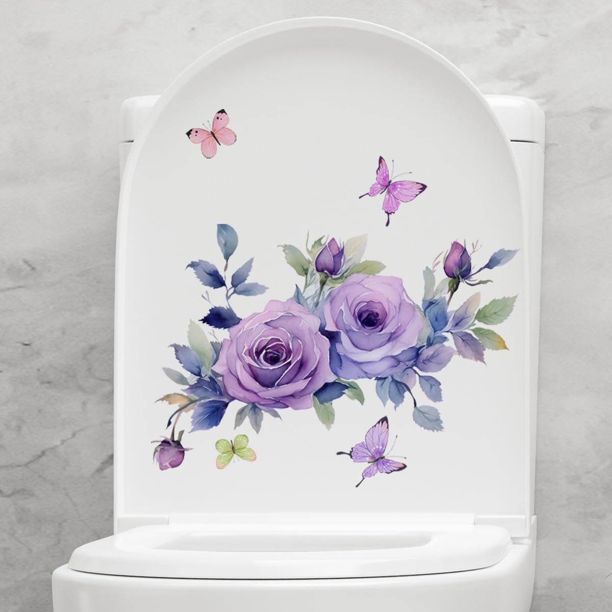 Purple Flowers Butterfly Toilet Seat Lid Stickers Self-Adhesive Bathroom Wall Sticker Floral Butterfly Toilet Seat Decals DIY Removable Waterproof