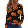 Women's Casual Long Sleeve V-Neck Halloween Print T-Shirt with Decorative Buttons