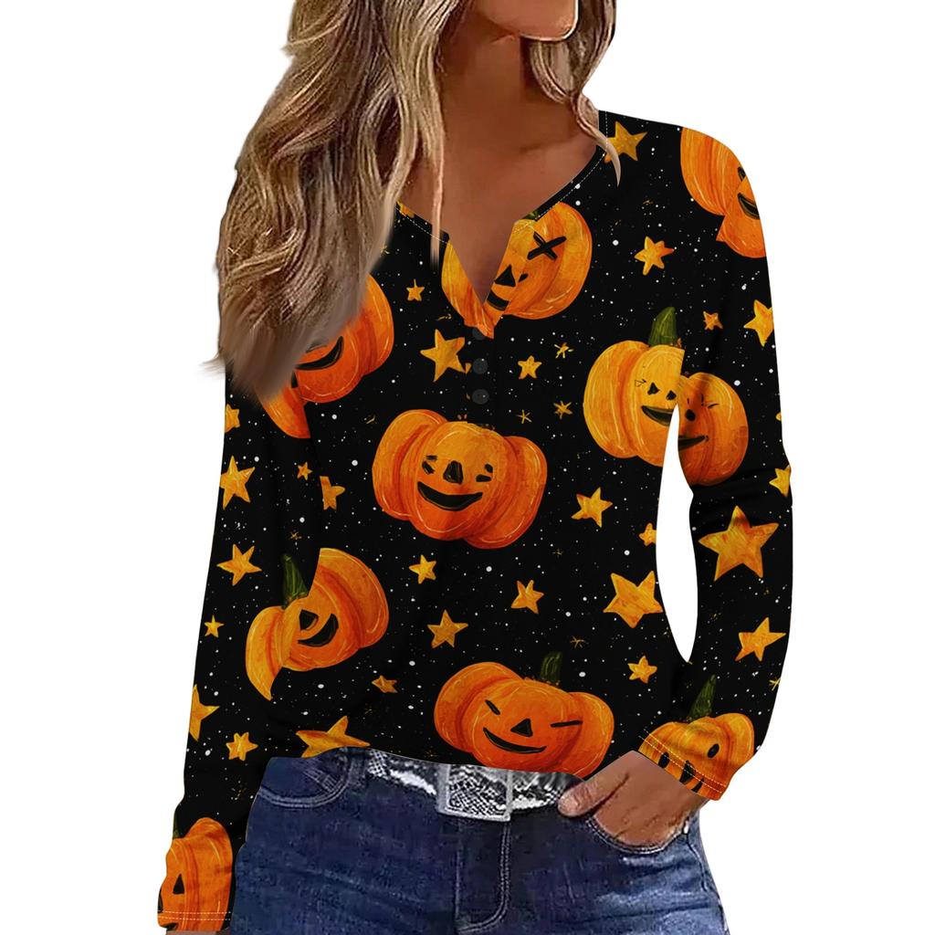 Women's Casual Long Sleeve V-Neck Halloween Print T-Shirt with Decorative Buttons
