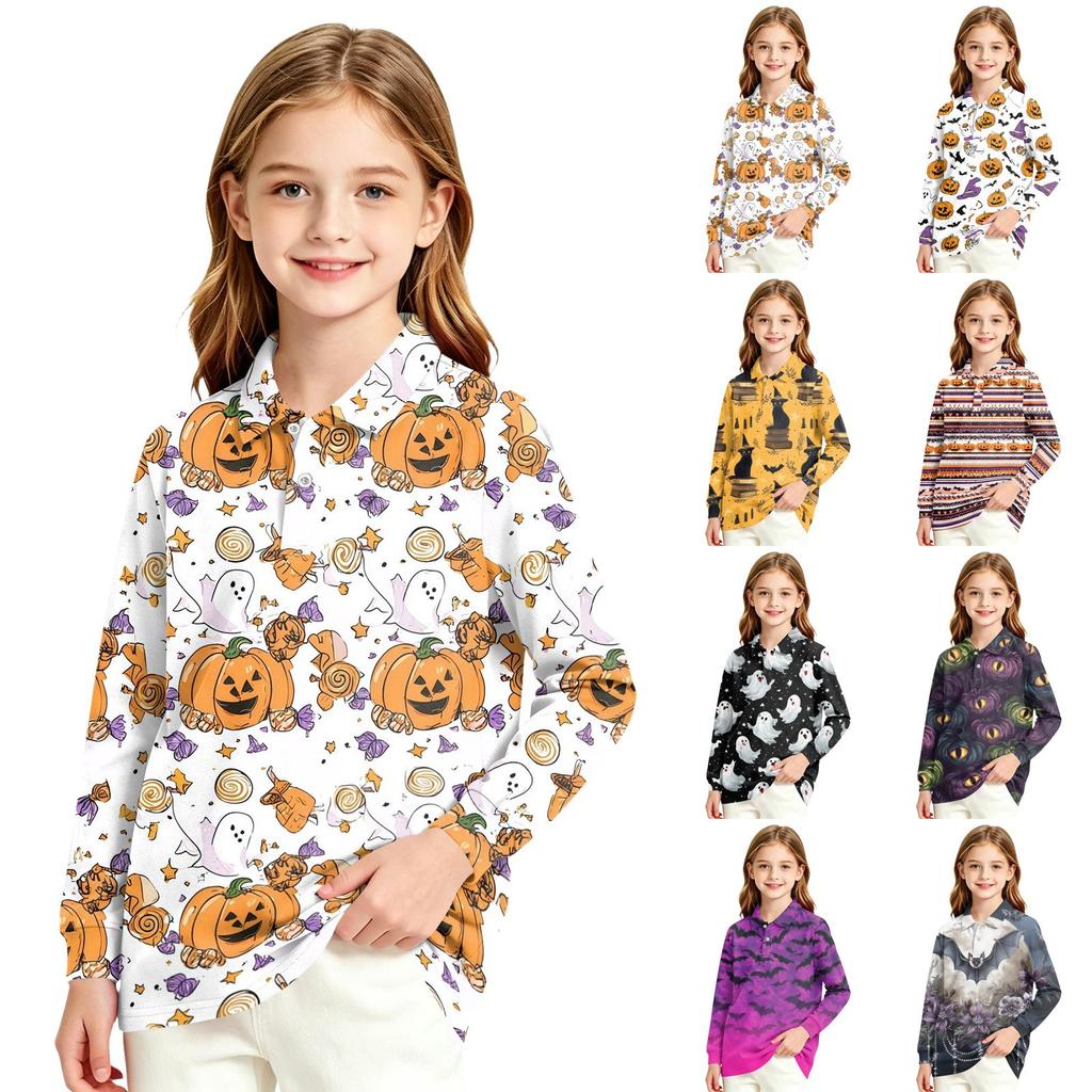 Girls School Uniform Long Sleeve Top with Halloween Print