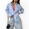 Hot Selling Summer/Spring Long Sleeve Striped Loose Shirt with Two Pockets