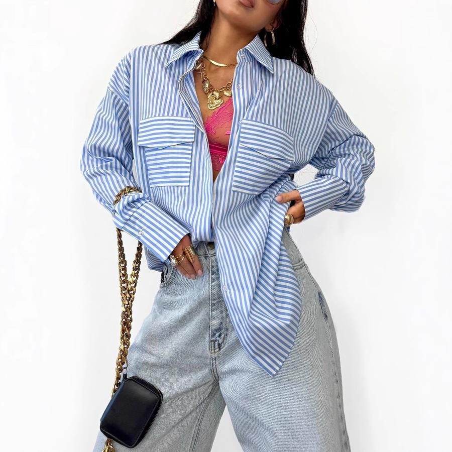 Hot Selling Summer/Spring Long Sleeve Striped Loose Shirt with Two Pockets