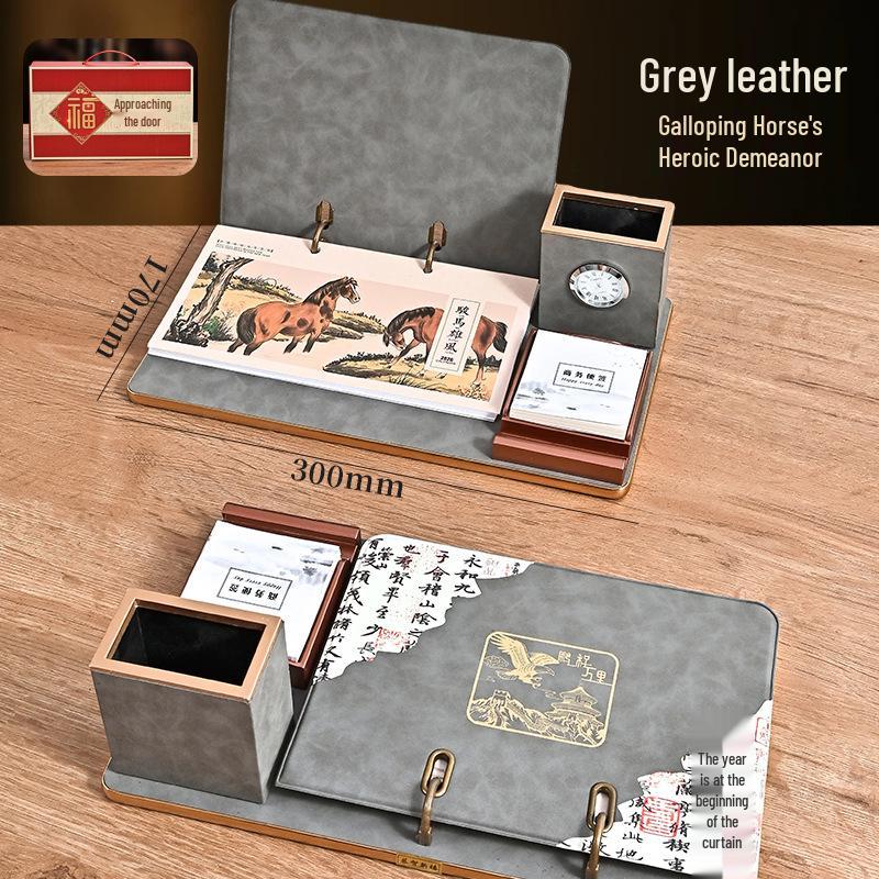 2026 Custom Leather Business Desk Calendar Set with Logo - Creative Office Desktop Ornament Gift Box