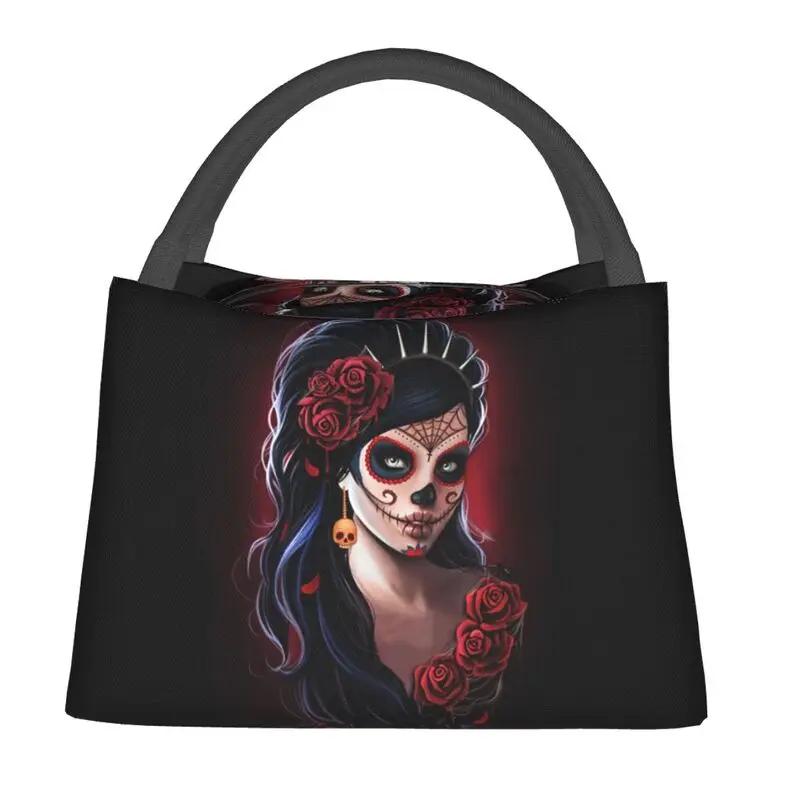 Day Of The Dead Kitten Cat Sugar Skull Thermal Insulated Lunch Bags Women Mexican Halloween Floral Lunch Container for Food Box
